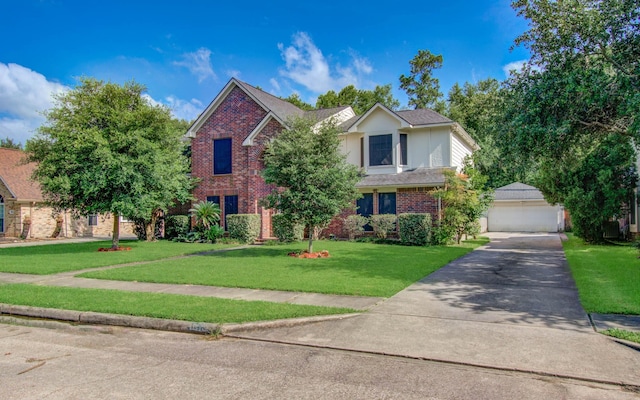 1010 Forestburg Dr, Spring, TX 77386 - traditional-style home with a garage, brick siding, a front yard, driveway, and an outdoor structure