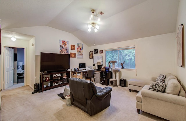 1010 Forestburg Dr, Spring, TX 77386 - living room featuring vaulted ceiling, light carpet, an office area, and a ceiling fan