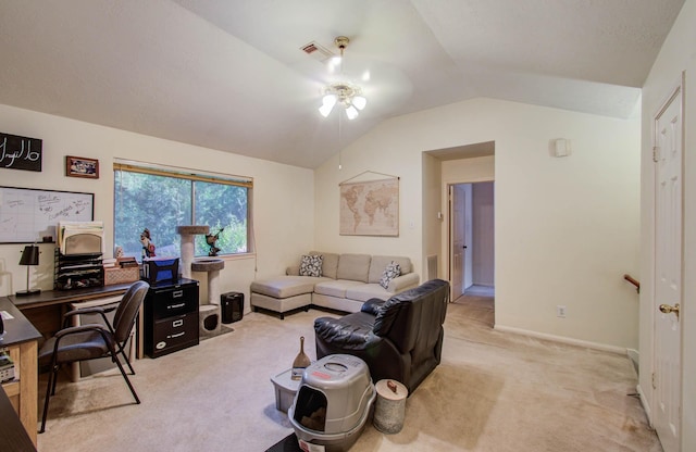 1010 Forestburg Dr, Spring, TX 77386 - office featuring light colored carpet, lofted ceiling, and a ceiling fan