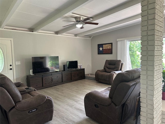 107 Southern Oaks Dr, Lake Jackson, TX 77566 - living room featuring wood finished floors, beamed ceiling, and ceiling fan
