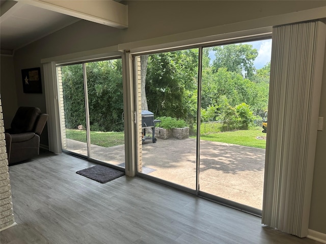 107 Southern Oaks Dr, Lake Jackson, TX 77566 - doorway to outside featuring vaulted ceiling and wood finished floors