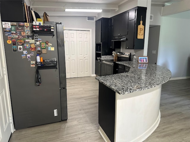 107 Southern Oaks Dr, Lake Jackson, TX 77566 - kitchen with appliances with stainless steel finishes, dark cabinetry, light wood-type flooring, and a peninsula