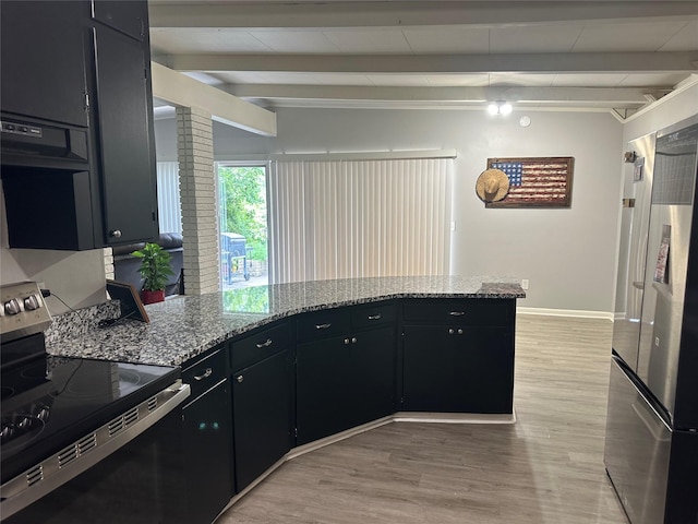 107 Southern Oaks Dr, Lake Jackson, TX 77566 - kitchen featuring stainless steel appliances, dark cabinets, beamed ceiling, a peninsula, and light wood-style floors