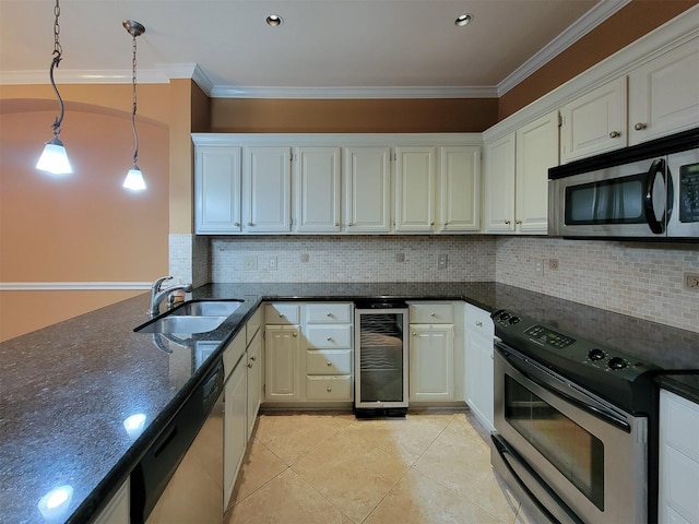 2111 Welch St Unit B109, Houston, TX 77019 - kitchen featuring appliances with stainless steel finishes, beverage cooler, ornamental molding, decorative backsplash, and light tile patterned floors