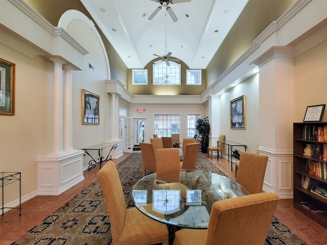 2111 Welch St Unit B109, Houston, TX 77019 - dining room featuring ornate columns, ceiling fan, and high vaulted ceiling