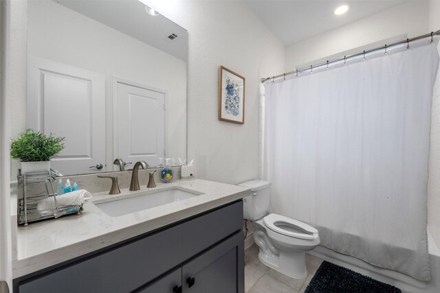 5214 Sherman St, Houston, TX 77011 - full bathroom featuring vanity, tile patterned floors, shower / bathtub combination with curtain, and recessed lighting
