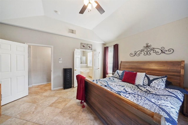 6027 Stone Trail Ln, Spring, TX 77379 - bedroom with vaulted ceiling, a ceiling fan, connected bathroom, and light tile patterned flooring