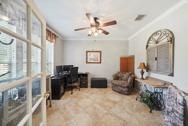 6027 Stone Trail Ln, Spring, TX 77379 - office area with ornamental molding and ceiling fan