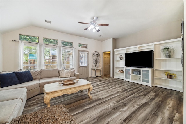 2826 Lakecrest Forest Dr, Katy, TX 77493 - living area with a ceiling fan, plenty of natural light, wood finished floors, and vaulted ceiling