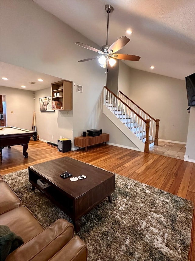 5103 Kleinbrook Dr, Houston, TX 77066 - living room featuring wood finished floors, billiards, ceiling fan, stairs, and recessed lighting