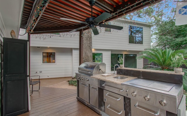 7922 Kleingreen Ln, Spring, TX 77379 - view of patio / terrace with an outdoor kitchen, ceiling fan, and a deck