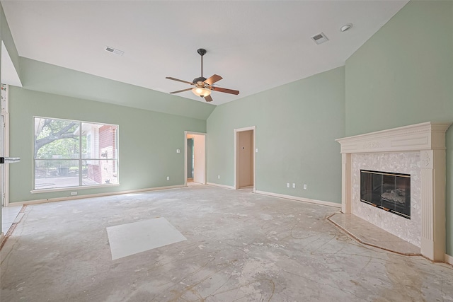 9726 Parmer Ct, Houston, TX 77064 - unfurnished living room featuring a ceiling fan, lofted ceiling, and a premium fireplace