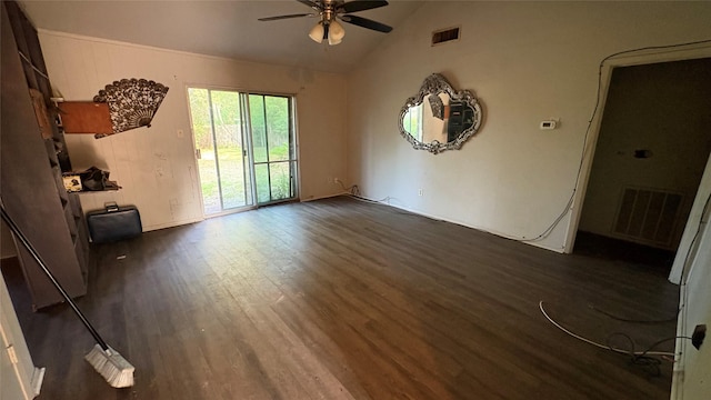 12414 Frazier River Dr, Houston, TX 77050 - unfurnished living room with ceiling fan, dark wood-style floors, and lofted ceiling