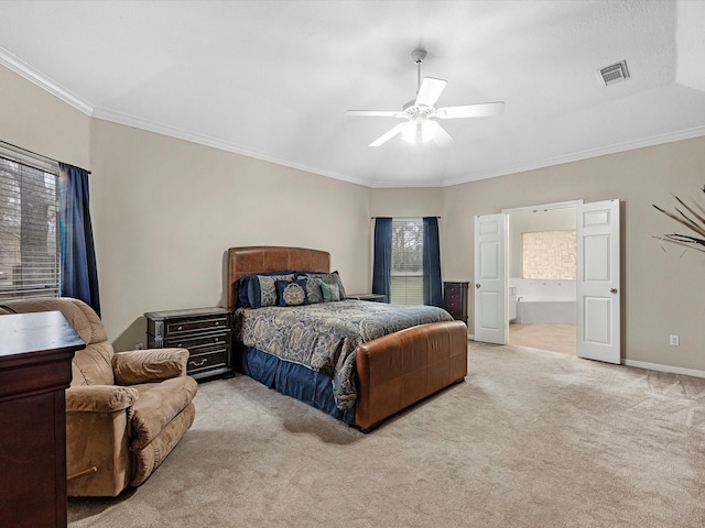 247 Private Road 635, Dayton, TX 77535 - bedroom with carpet flooring, crown molding, ensuite bath, and ceiling fan
