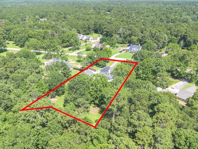 247 Private Road 635, Dayton, TX 77535 - aerial view of property and surrounding area with a forest and property parcel outlined