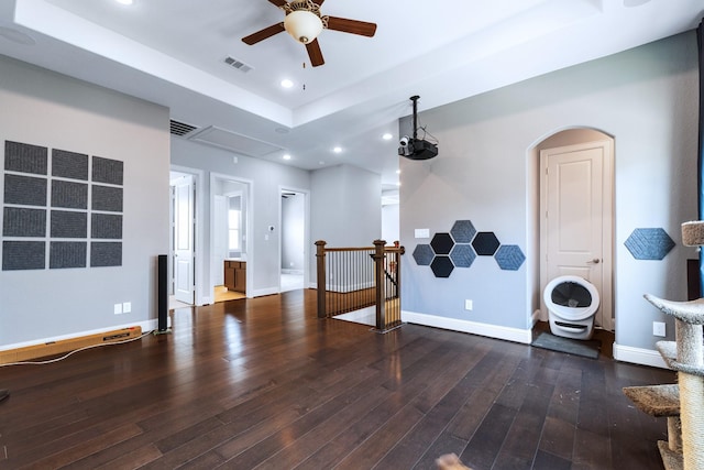 7714 S Fall Run Xing, Houston, TX 77055 - spare room featuring attic access, wood-type flooring, recessed lighting, ceiling fan, and arched walkways