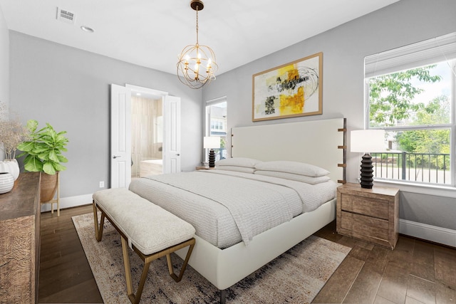 7714 S Fall Run Xing, Houston, TX 77055 - bedroom featuring multiple windows, a chandelier, dark wood-style floors, and recessed lighting