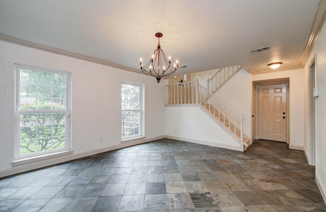 14507 Louetta Rd, Cypress, TX 77429 - unfurnished room with a chandelier, crown molding, stairs, and stone finish floors