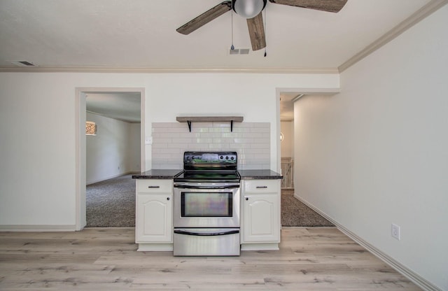 14507 Louetta Rd, Cypress, TX 77429 - kitchen featuring electric range, crown molding, a ceiling fan, open shelves, and light wood-type flooring