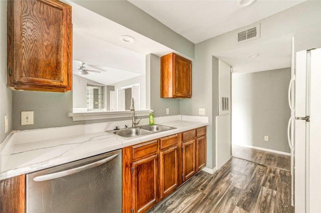 14600 Fonmeadow Dr Unit 201, Houston, TX 77035 - kitchen with freestanding refrigerator, dishwasher, dark wood-style flooring, ceiling fan, and light stone countertops