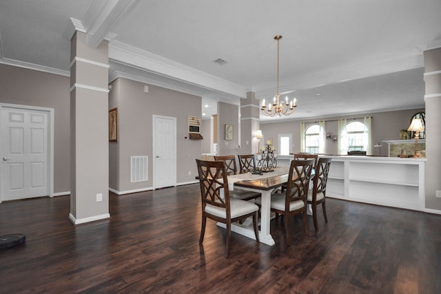 2808 Apache St, League City, TX 77573 - dining area with wood finished floors, ornamental molding, a chandelier, and ornate columns