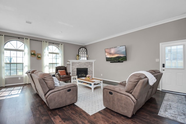 2808 Apache St, League City, TX 77573 - living area with crown molding, dark wood-type flooring, and a fireplace