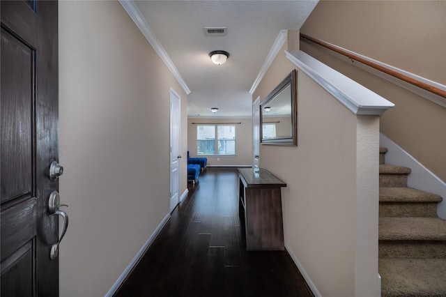 18110 Rexine Ln, Cypress, TX 77433 - corridor featuring crown molding, dark wood-style flooring, and stairs