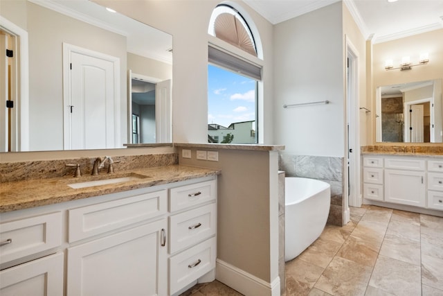 1219 W 25th St Unit D, Houston, TX 77008 - bathroom with ornamental molding, two vanities, a soaking tub, and a shower stall