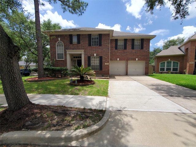 1631 Almond Brook Ln, Houston, TX 77062 - view of front of house with a garage, concrete driveway, brick siding, and a front lawn