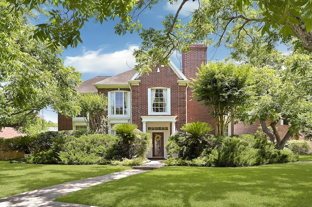 6102 Walkers Park Dr, Sugar Land, TX 77479 - view of front of house with brick siding, a front yard, a chimney, and roof with shingles