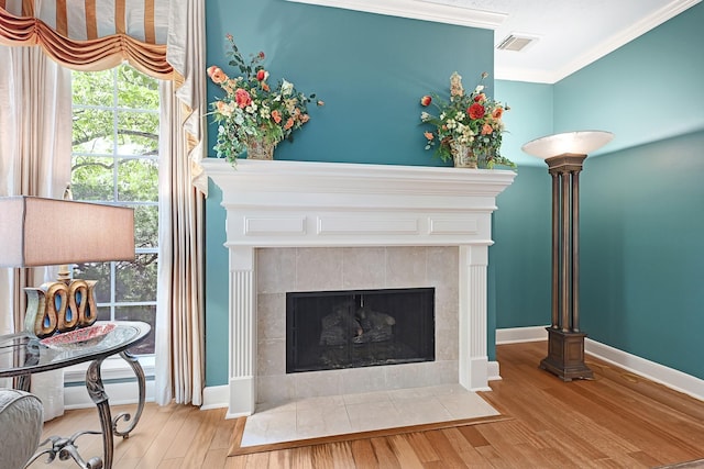 6102 Walkers Park Dr, Sugar Land, TX 77479 - detailed view of wood finished floors, a fireplace, and ornamental molding