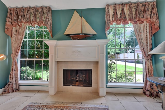 6102 Walkers Park Dr, Sugar Land, TX 77479 - living area with a fireplace, tile patterned flooring, and plenty of natural light