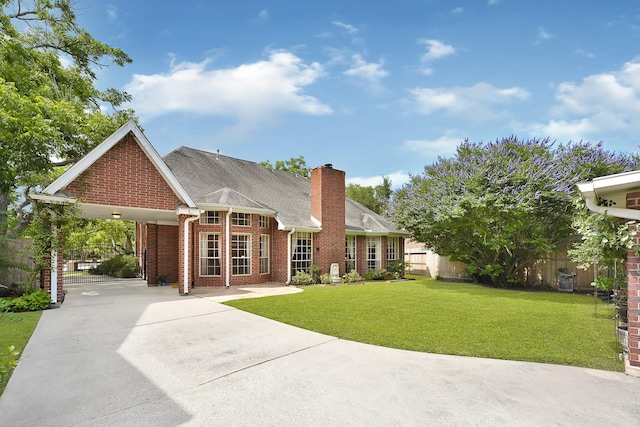6102 Walkers Park Dr, Sugar Land, TX 77479 - back of house featuring brick siding, concrete driveway, and a chimney