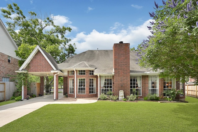 6102 Walkers Park Dr, Sugar Land, TX 77479 - rear view of house featuring brick siding, driveway, a chimney, and a shingled roof