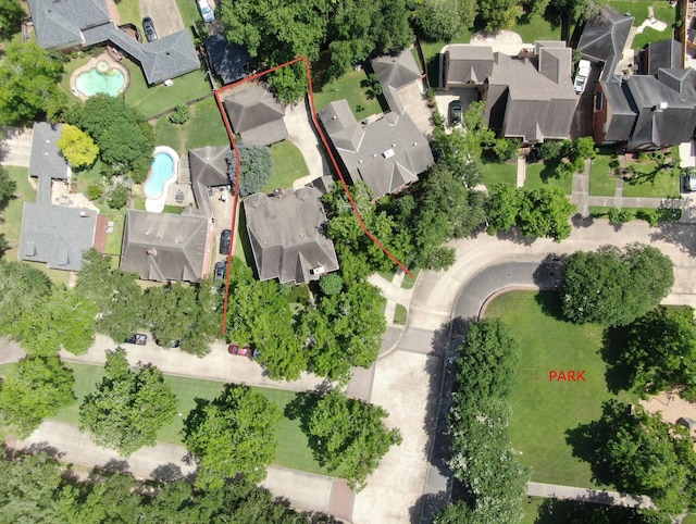 6102 Walkers Park Dr, Sugar Land, TX 77479 - aerial perspective of suburban area featuring property parcel outlined and a pool