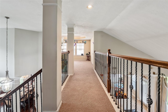 3318 Legends Mist Dr, Spring, TX 77386 - corridor featuring carpet floors, vaulted ceiling, and recessed lighting