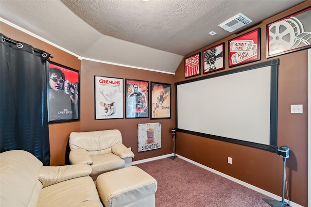 3318 Legends Mist Dr, Spring, TX 77386 - carpeted home theater featuring vaulted ceiling and a textured ceiling