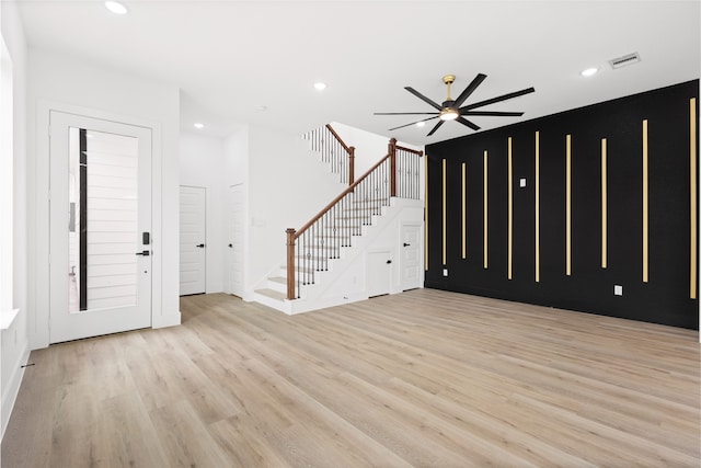 3524 Rebecca St, Houston, TX 77021 - foyer featuring stairway, light wood-type flooring, recessed lighting, and ceiling fan