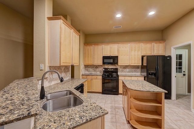 10406 Friars Hill Ln, Houston, TX 77070 - kitchen featuring black appliances, light brown cabinets, open shelves, decorative backsplash, and recessed lighting