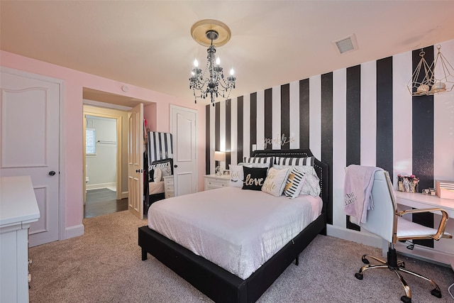 152 Snug Harbor Dr, Conroe, TX 77356 - bedroom featuring a chandelier, carpet flooring, and wallpapered walls