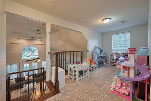 152 Snug Harbor Dr, Conroe, TX 77356 - playroom featuring ceiling fan, carpet floors, and lofted ceiling