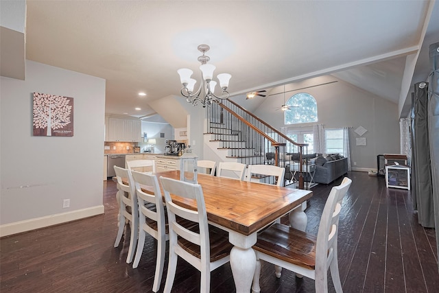 152 Snug Harbor Dr, Conroe, TX 77356 - dining room featuring a chandelier, dark wood finished floors, stairs, ceiling fan, and lofted ceiling