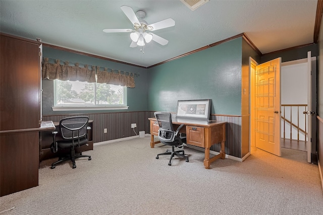 15511 Glenwood Park Dr, Houston, TX 77095 - office featuring ornamental molding, wainscoting, ceiling fan, and carpet flooring