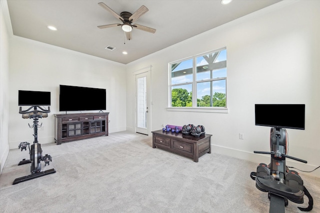 1004 Enid St Unit B, Houston, TX 77009 - exercise room featuring ceiling fan, recessed lighting, carpet flooring, and ornamental molding