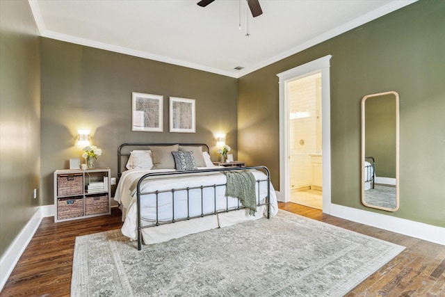 1004 Enid St Unit B, Houston, TX 77009 - bedroom with wood finished floors, ornamental molding, ensuite bath, and ceiling fan