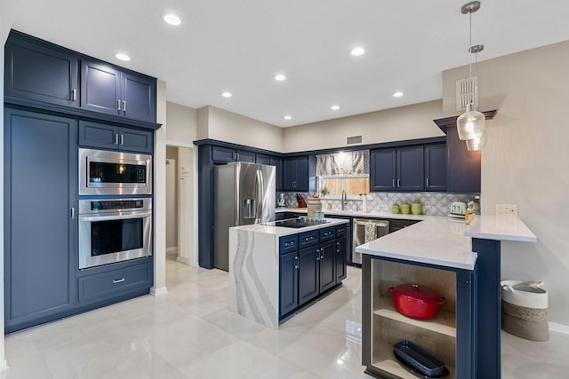 7310 Blenheim Palace Ln, Houston, TX 77095 - kitchen with stainless steel appliances, decorative backsplash, a peninsula, blue cabinets, and open shelves