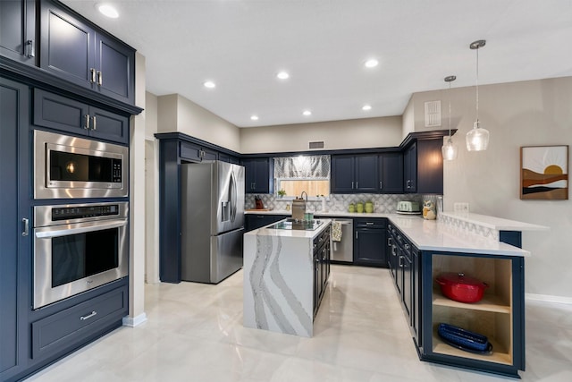 7310 Blenheim Palace Ln, Houston, TX 77095 - kitchen with stainless steel appliances, a peninsula, open shelves, tasteful backsplash, and a kitchen island
