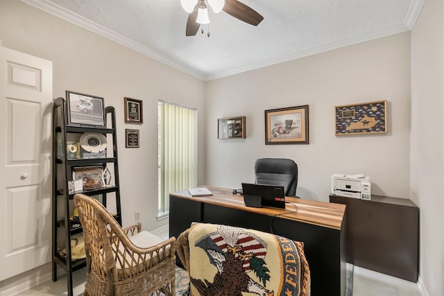 7310 Blenheim Palace Ln, Houston, TX 77095 - office area featuring crown molding and a ceiling fan