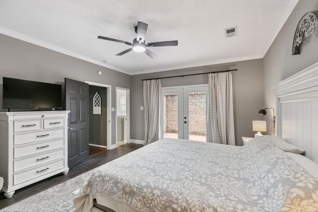 7310 Blenheim Palace Ln, Houston, TX 77095 - bedroom featuring french doors, access to outside, wood finish floors, crown molding, and ceiling fan