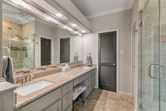 7310 Blenheim Palace Ln, Houston, TX 77095 - full bathroom with crown molding, double vanity, and a shower stall
